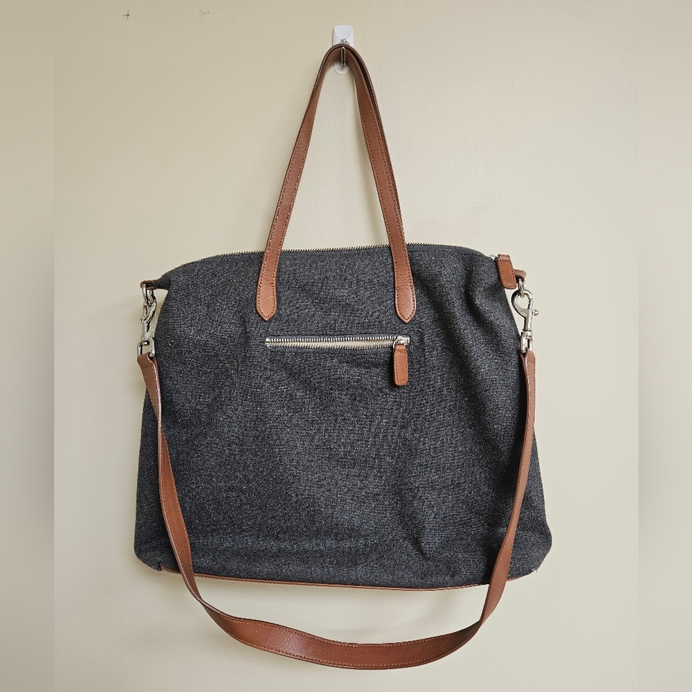 Talbots Crossbody Shoulder Purse Laptop Bag Leather Trim Wool Blend Gray